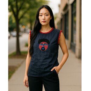 RARE Jupe by Jackie Mask Embroidered Fringe Organza Navy Sleeveless Top XS